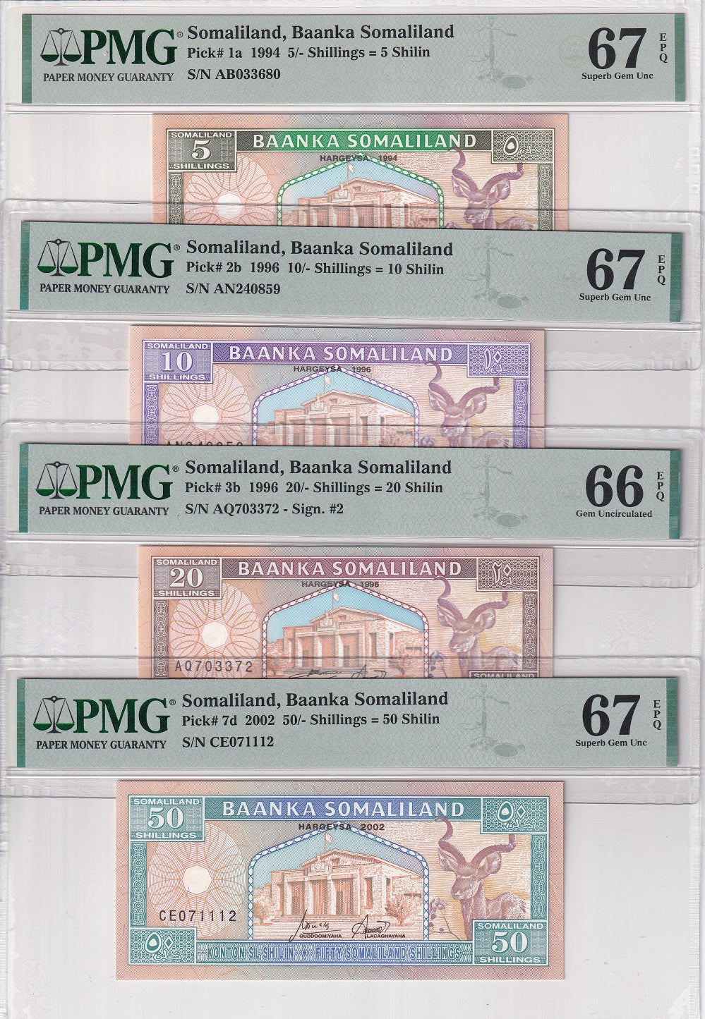 Somaliland set 4, 5 10 20 50 Shil 1994 P 1 2 3 7 Superb Gem UNC PMG 66 67 EPQ