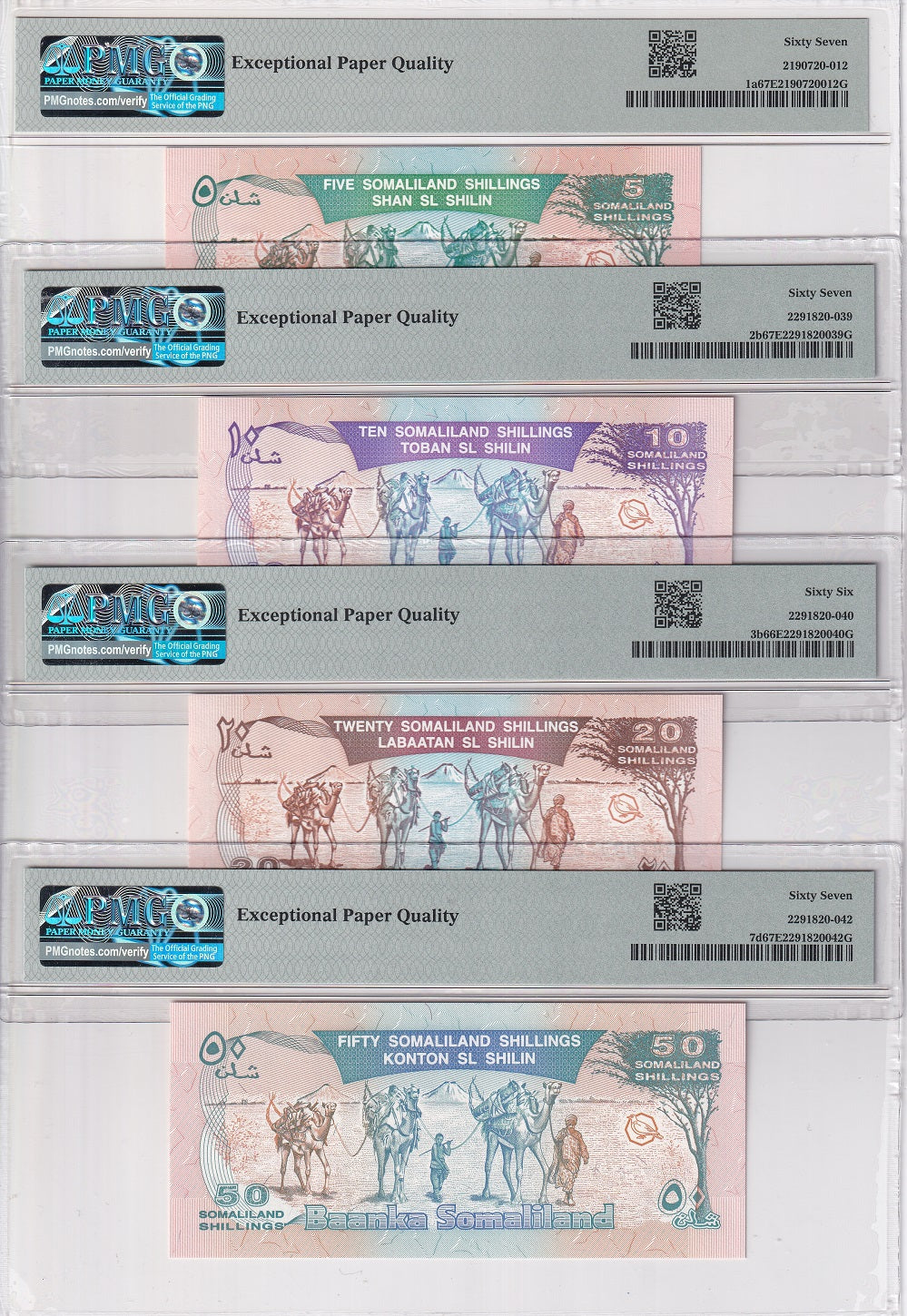 Somaliland set 4, 5 10 20 50 Shil 1994 P 1 2 3 7 Superb Gem UNC PMG 66 67 EPQ