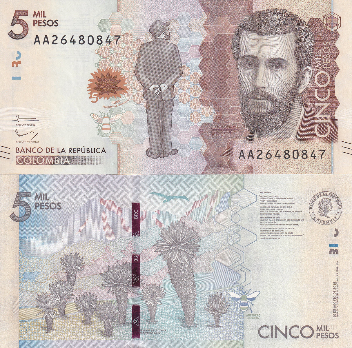 COLOMBIA 5000 PESOS 2015 P 459 AA UNC