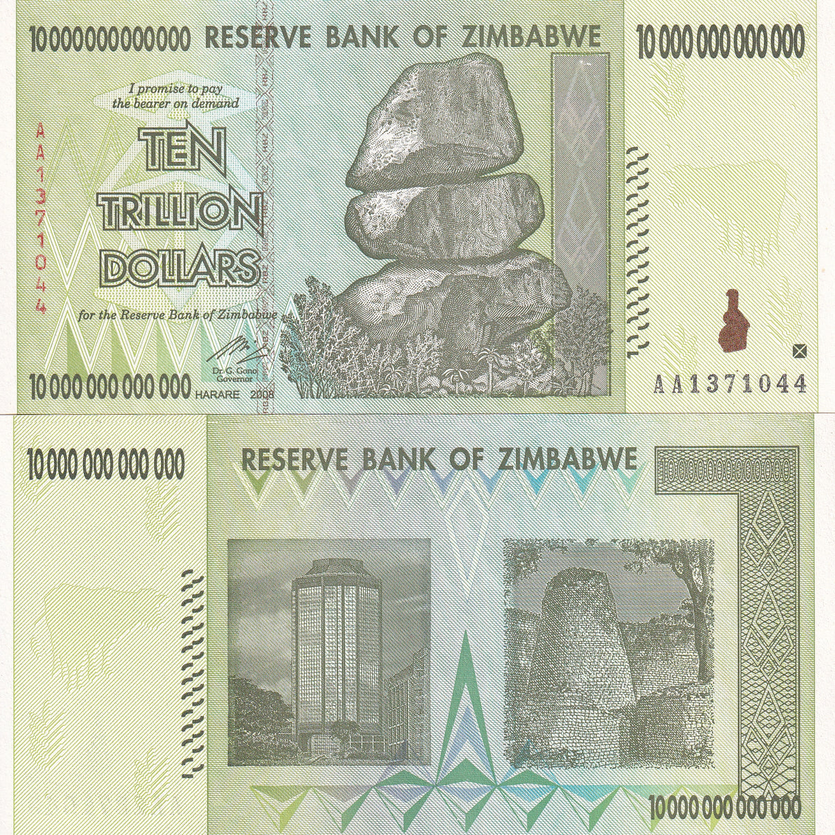 Zimbabwe 10 Trillion Dollars 2008 P 88 AA Prefix UNC