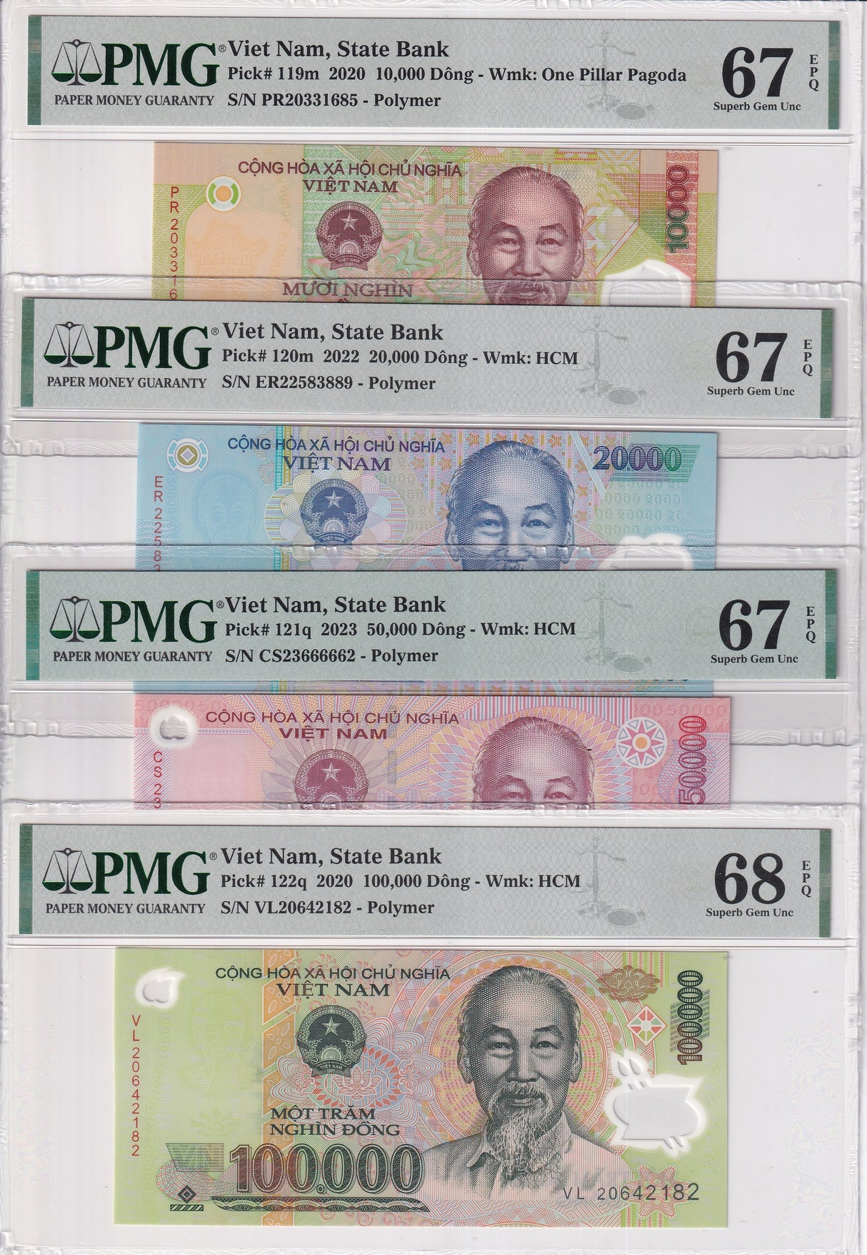 Vietnam Set 4; 10000-100000 Dong 2020-23 P119-P 122 Superb Gem UNC PMG 67 68 EPQ