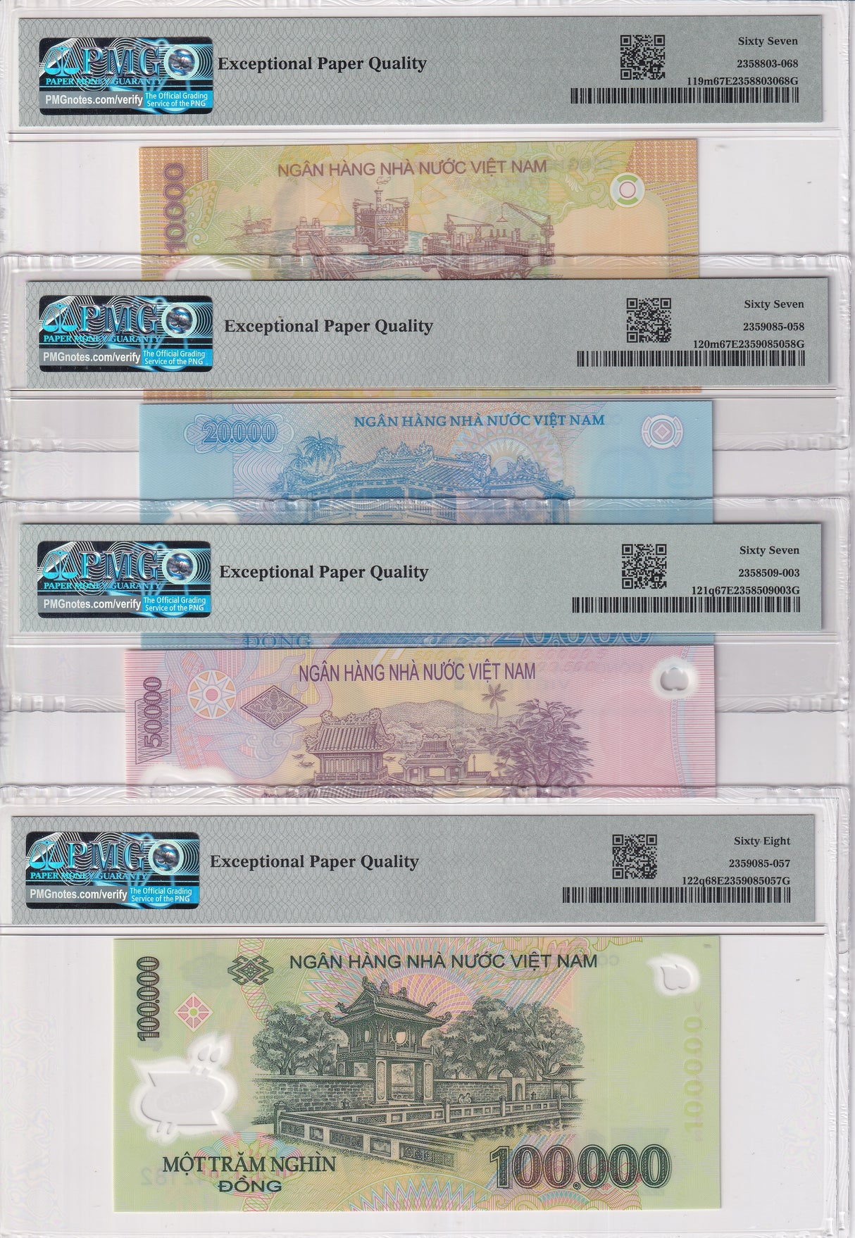 Vietnam Set 4; 10000-100000 Dong 2020-23 P119-P 122 Superb Gem UNC PMG 67 68 EPQ