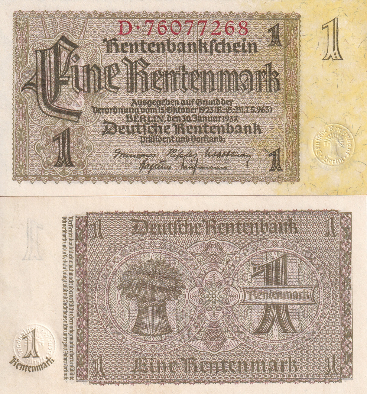 GERMANY 1 RENTENMARK 1937 P 173 UNC