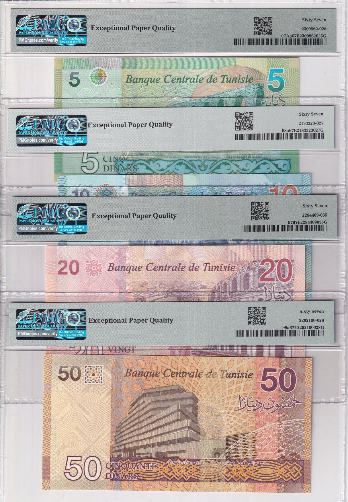 Tunisia Set 4; 5-20 50 Dinars 2017-22 P 97-P 99 Superb Gem UNC PMG 67 EPQ