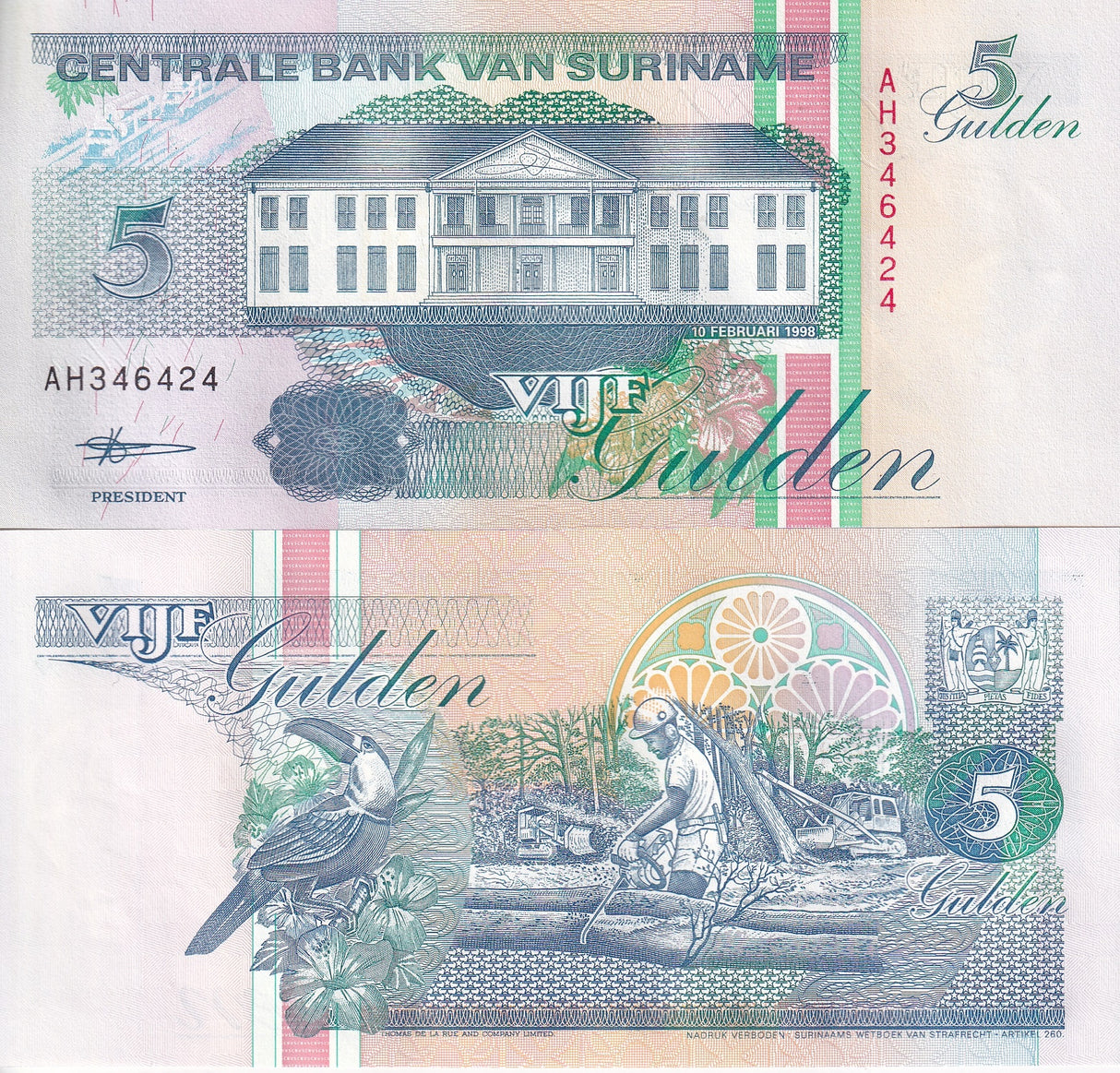 SURINAME 5 GULDEN 1998 P 136 UNC