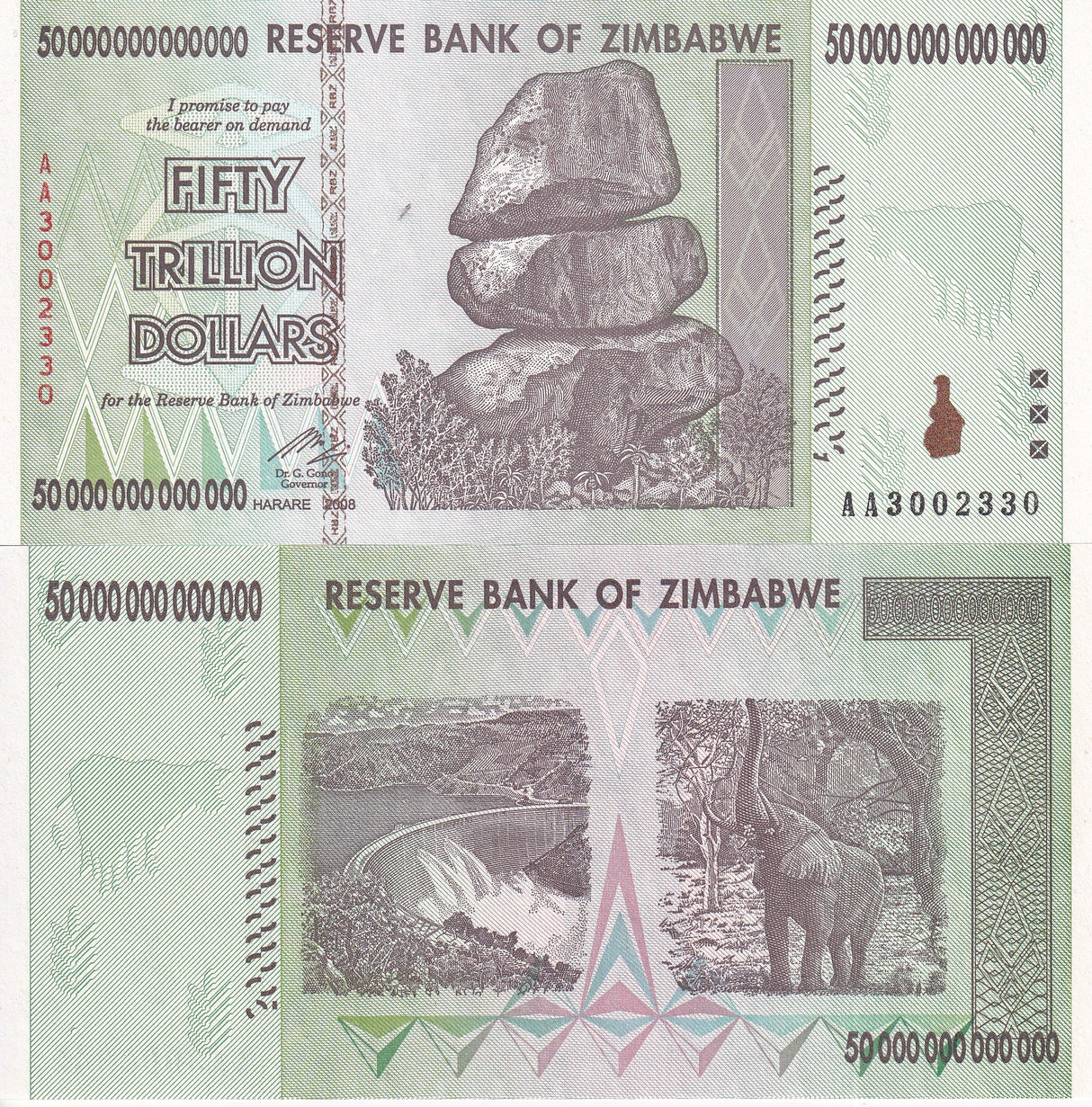 Zimbabwe 50 Trillion Dollars 2008 AA P 90 UNC