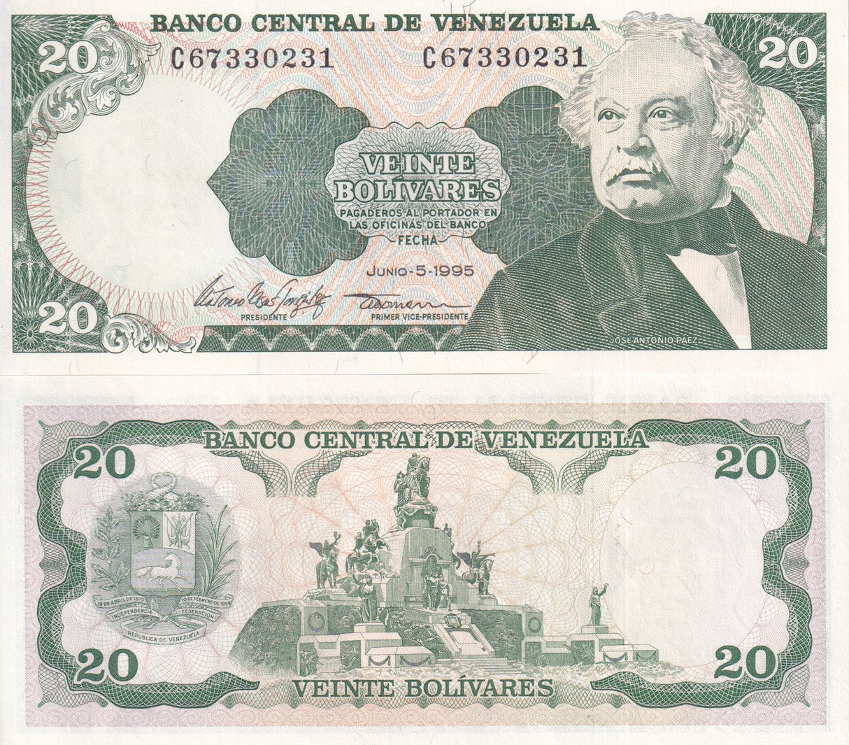 VENEZUELA 20 BOLIVARES 1995 P 63 e UNC