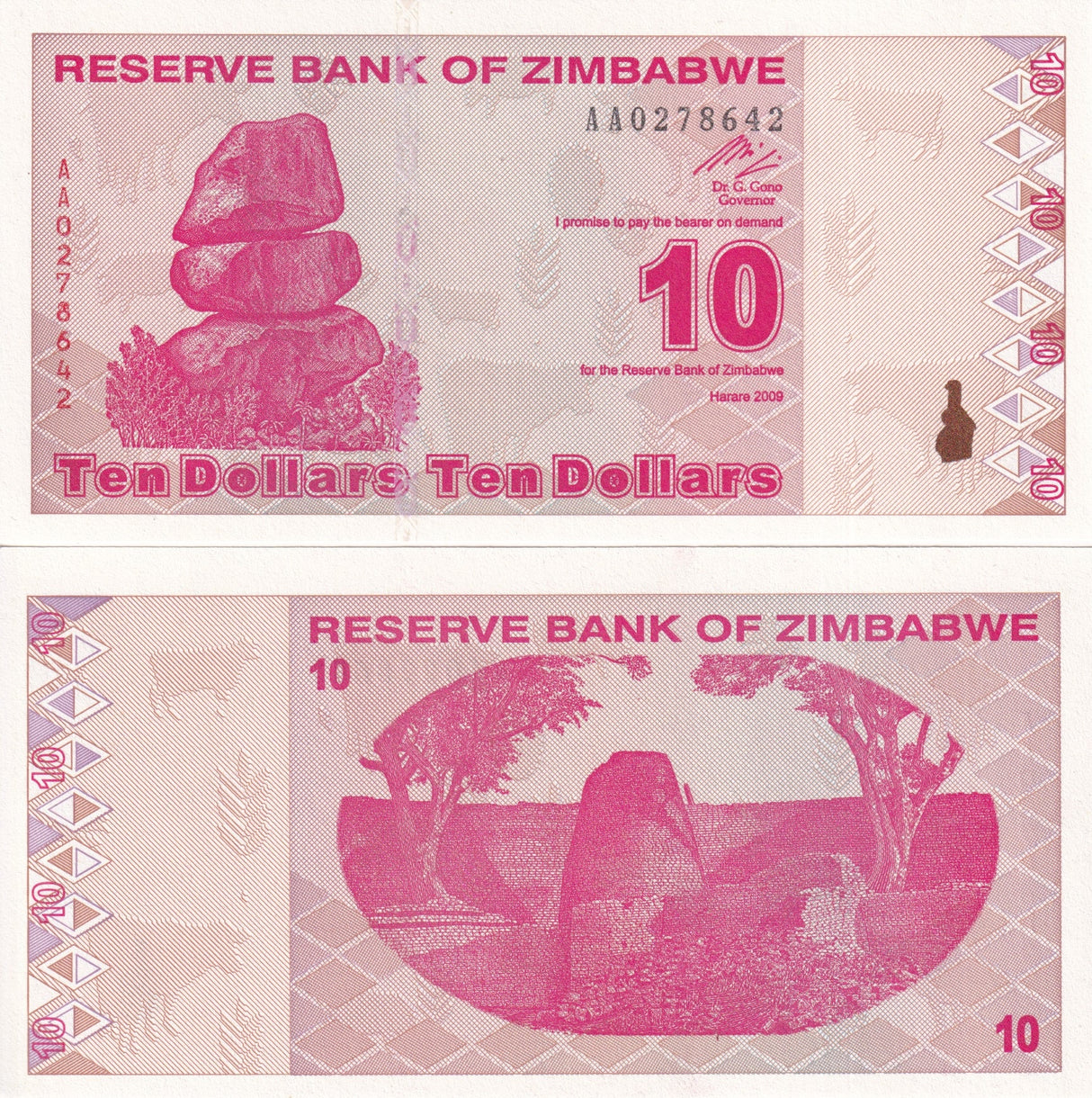 Zimbabwe 10 Dollars 2009 P 94 UNC