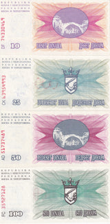 Bosnia Set 4 Pcs 10000 - 100000  Dinara 1993 P 53 54 55 56 UNC