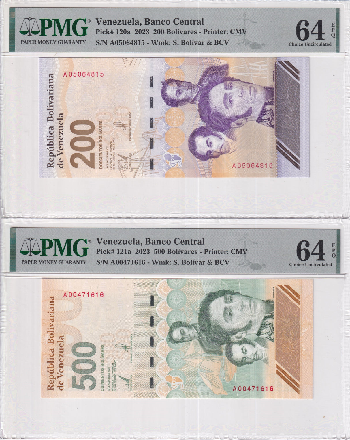 Venezuela Set 2; 200 500 Bolivares Digitales 2023 P 120-121 Choice UNC PMG 64EPQ