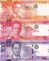 Philippines Set 3 UNC 20 50 100 Pesos Mixed Date 2023-2024 P 230 231A 232A UNC