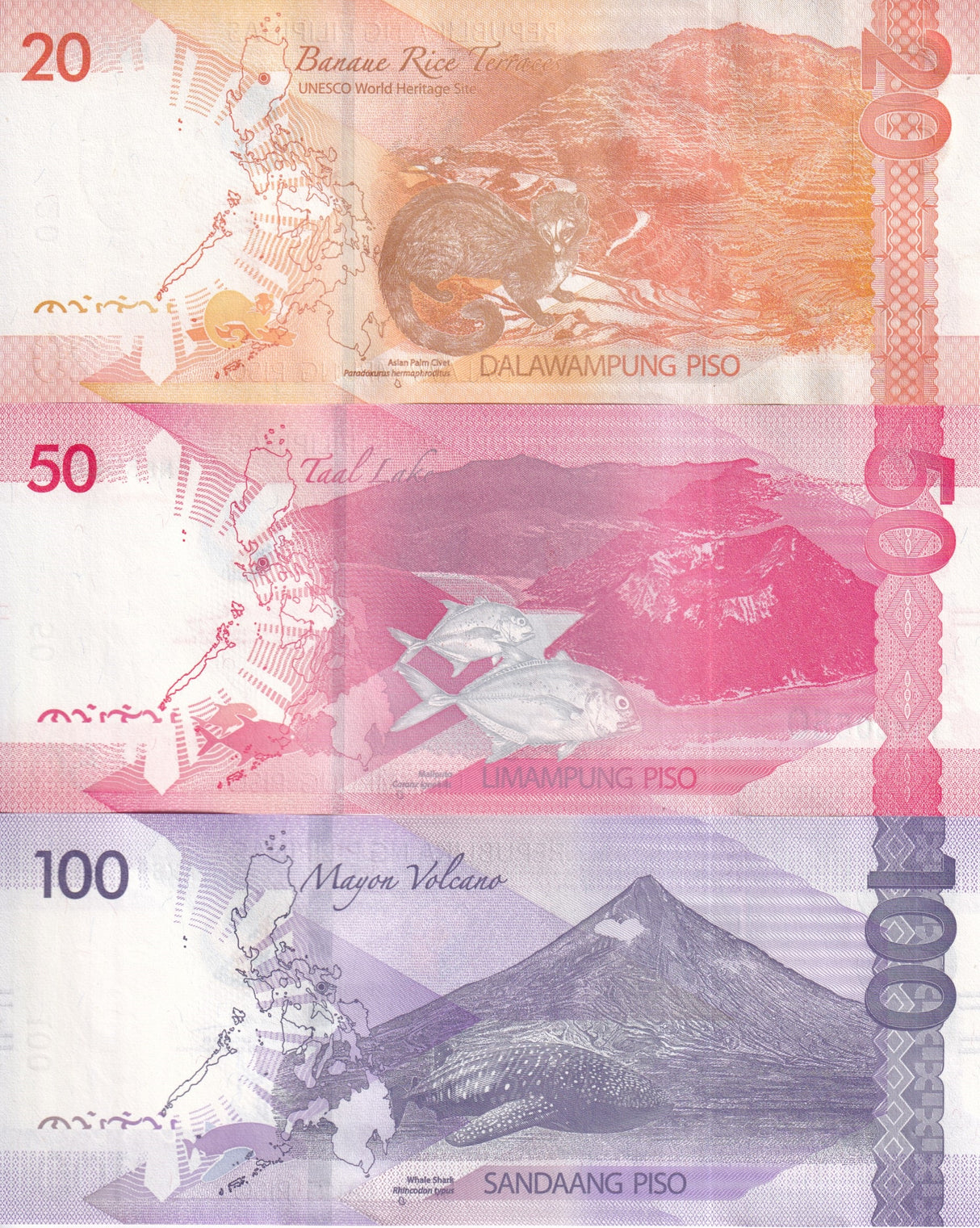 Philippines Set 3 UNC 20 50 100 Pesos Mixed Date 2023-2024 P 230 231A 232A UNC