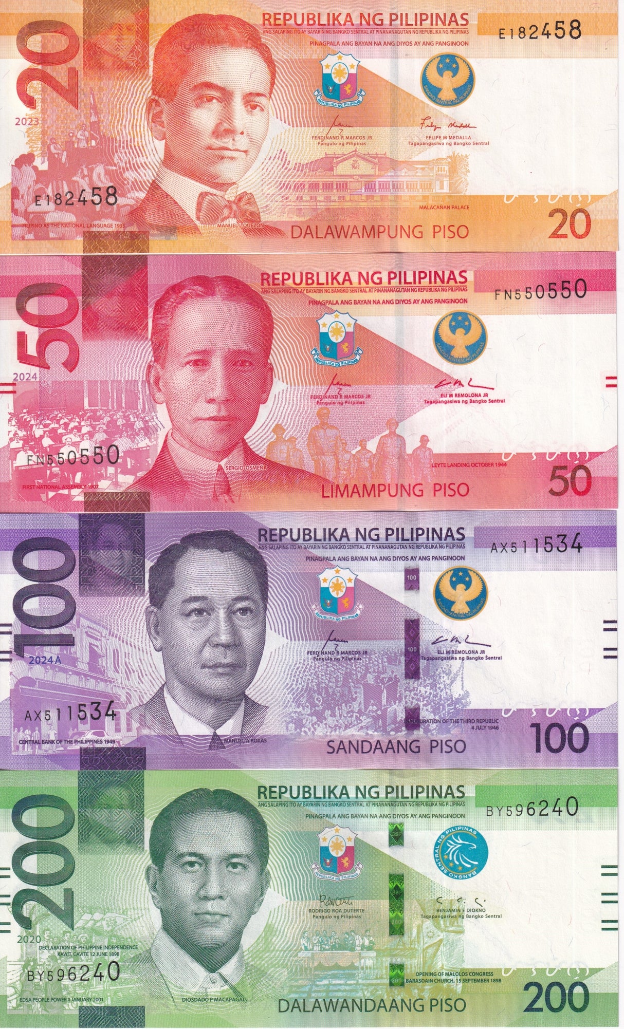 Philippines Set 4 UNC 20 50 100 200 Pesos Mixed Date P 226 230 231A 232A
