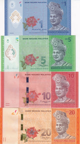 Malaysia Set 4 Pcs 1 5 10 20 Ringgit Random Year P 51 52 53 54 UNC