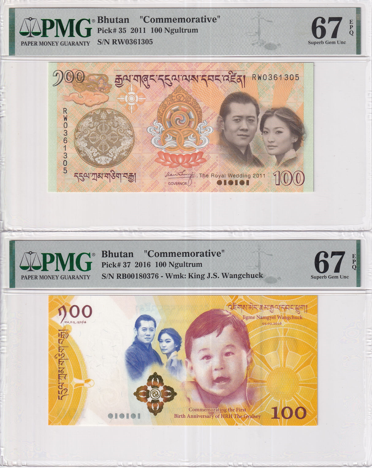 Bhutan Set 2; 100 Ngultrum 2011 2016 Comm. P 35 P 37 Superb Gem UNC PMG 67 EPQ