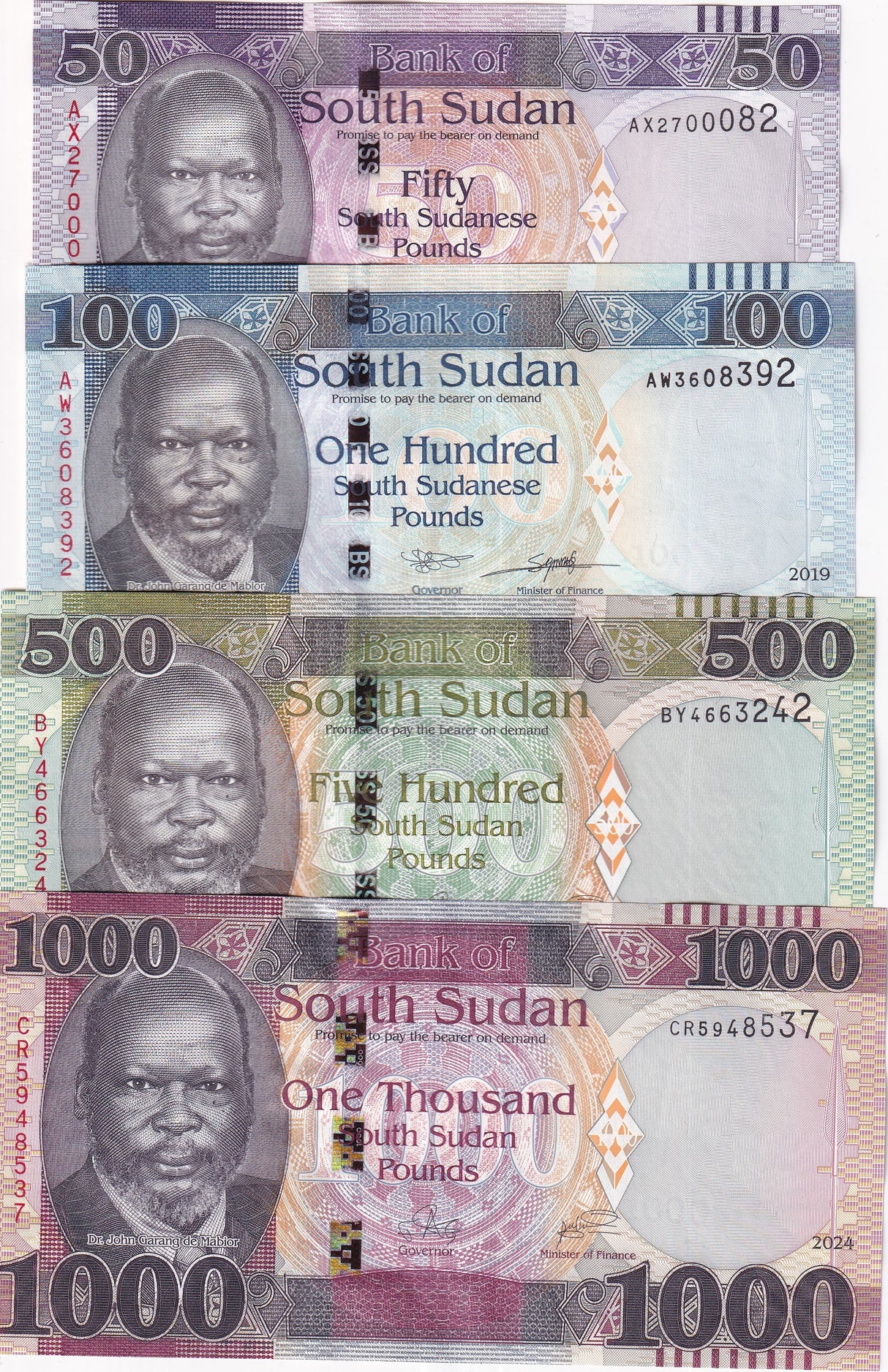 South Sudan Set 4 Pcs 50 100 500 1000 Pounds 2019-2024 P 14 15 20 21 UNC
