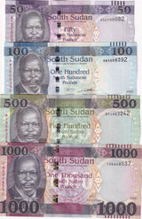 South Sudan Set 4 Pcs 50 100 500 1000 Pounds 2019-2024 P 14 15 20 21 UNC