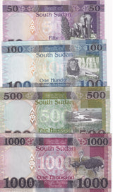 South Sudan Set 4 Pcs 50 100 500 1000 Pounds 2019-2024 P 14 15 20 21 UNC
