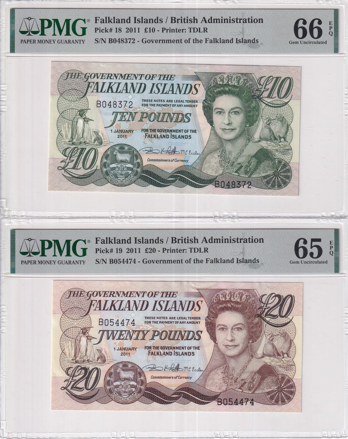 Falkland Islands Set 2: 10 20 Pounds 2011 P 18 P 19 Gem UNC PMG 65 66 EPQ
