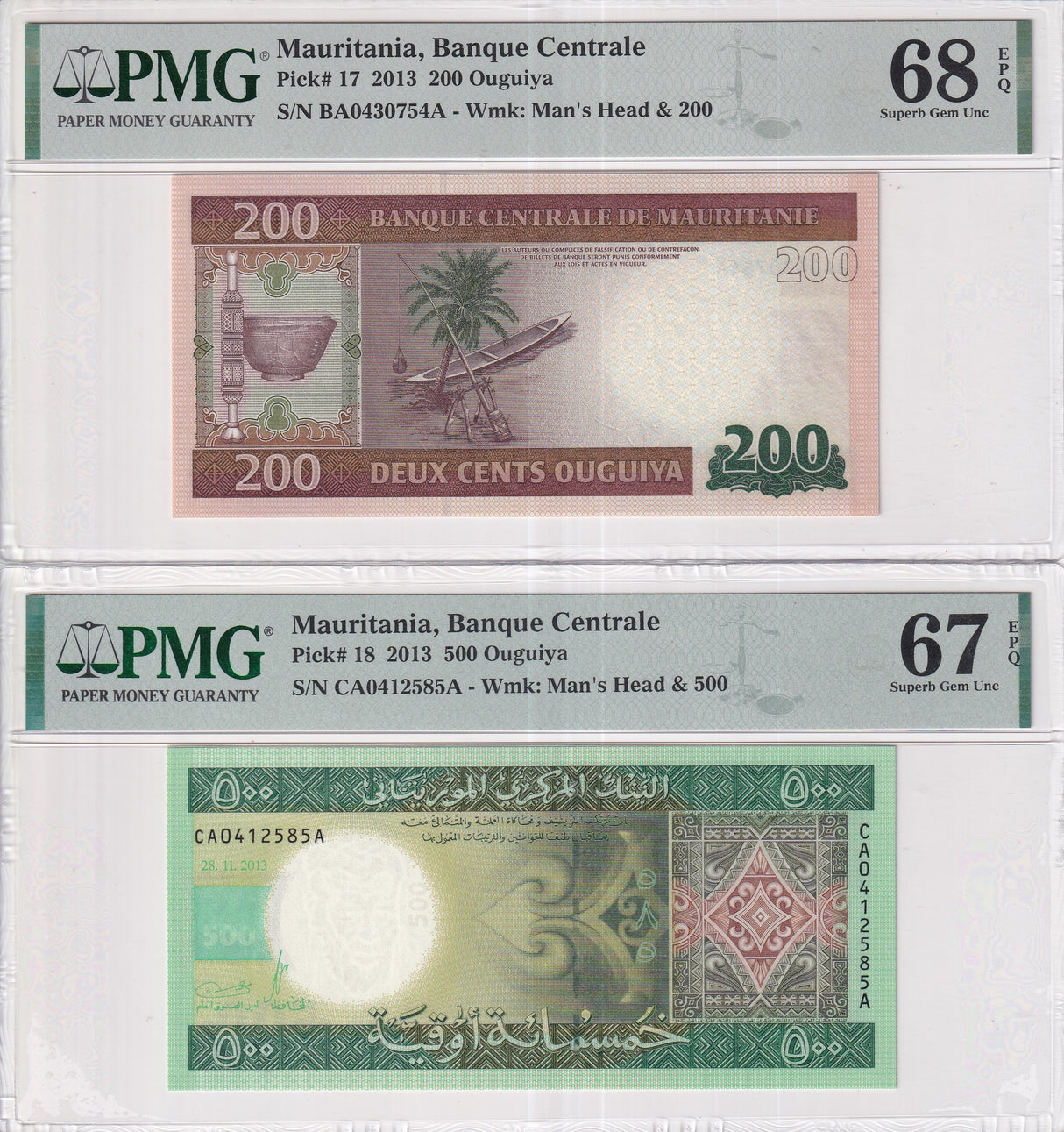 Mauritania Set 2: 200 500 Ouguiya 2013 P 17 P 18 Superb Gem UNC PMG 67 68 EPQ