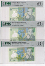 Romania Set 3; 1 Leu 2017 2023 2024 P 117 Superb Gem UNC PMG 67 EPQ