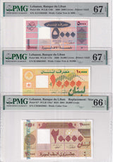 Lebanon Set 3; 5000-20000 Livres 2004-08 P 85 86 87 Superb Gem UNC PMG 66 67 EPQ