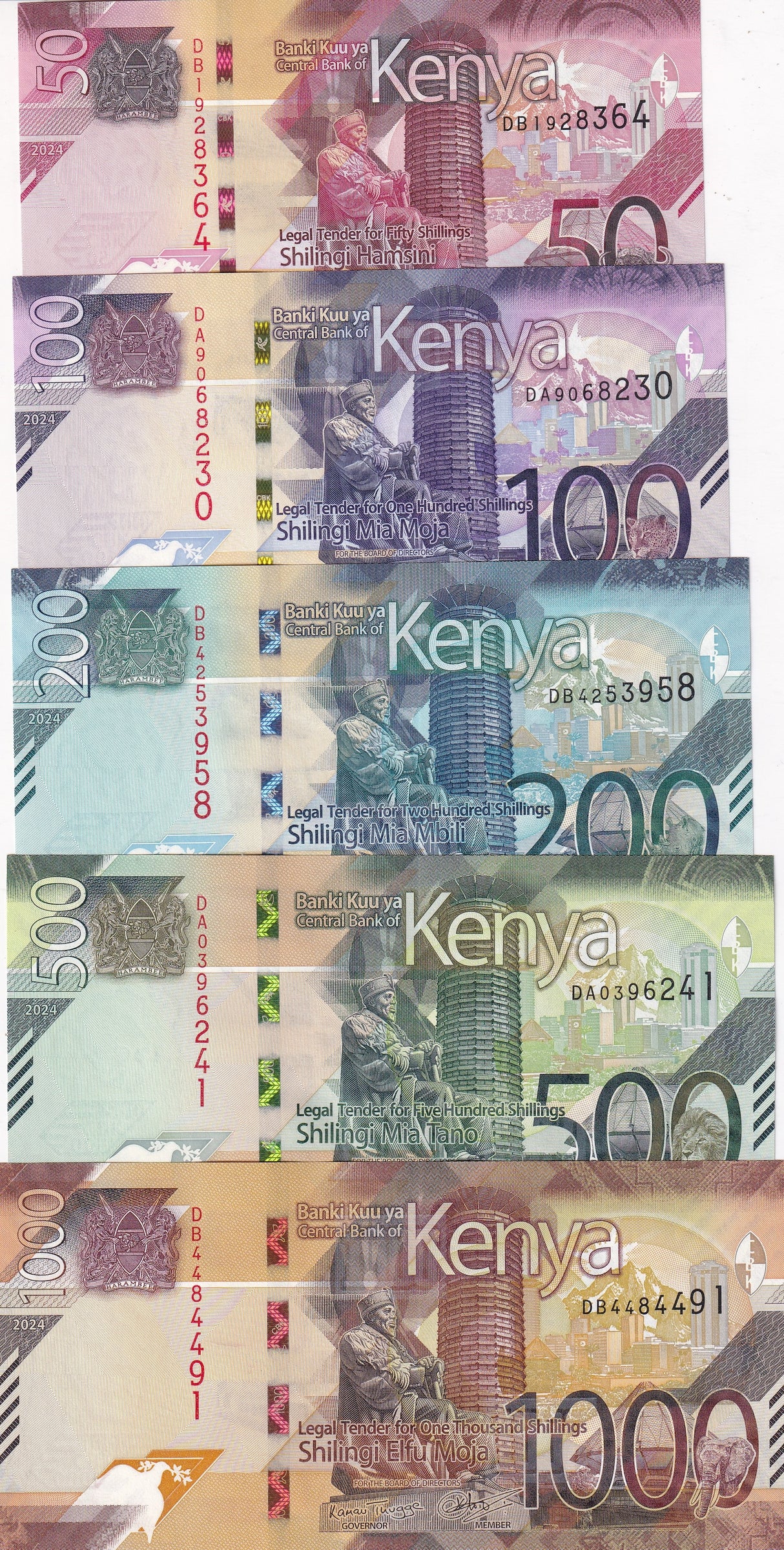 Kenya set 5 UNC 50 100 200 500 1000 Shillings 2024 P 52 53 54 55 56