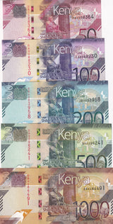 Kenya set 5 UNC 50 100 200 500 1000 Shillings 2024 P 52 53 54 55 56