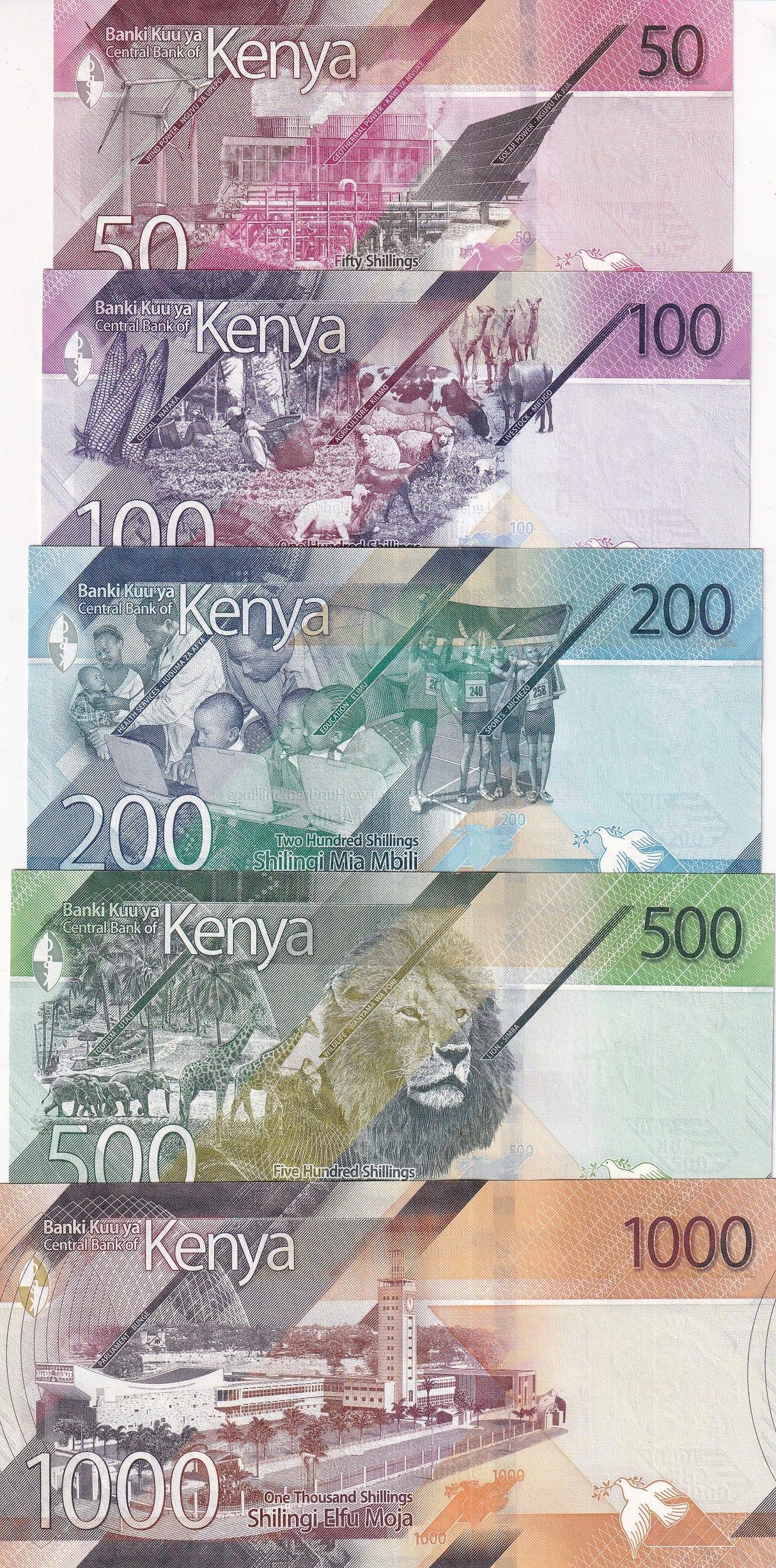 Kenya set 5 UNC 50 100 200 500 1000 Shillings 2024 P 52 53 54 55 56
