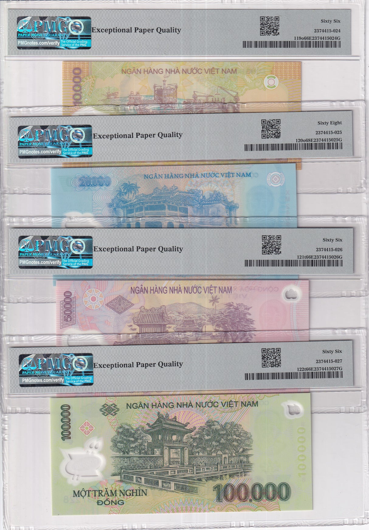 Vietnam Set 4; 10000-100000 Dong 2022-24 P119-P 122 Superb Gem UNC PMG 66 68 EPQ