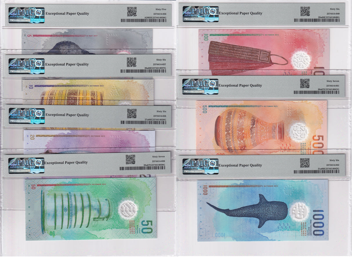 Maldives set 7; 5 -1000 Rufiyaa 2015 Matching P A26-P31 Gem UNC PMG 65 66 67 EPQ