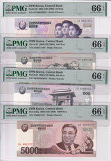 Korea SET 4, 50 100 500 5000 WON 2002 ND 2009 P 60-66 Gem UNC PMG 66 EPQ