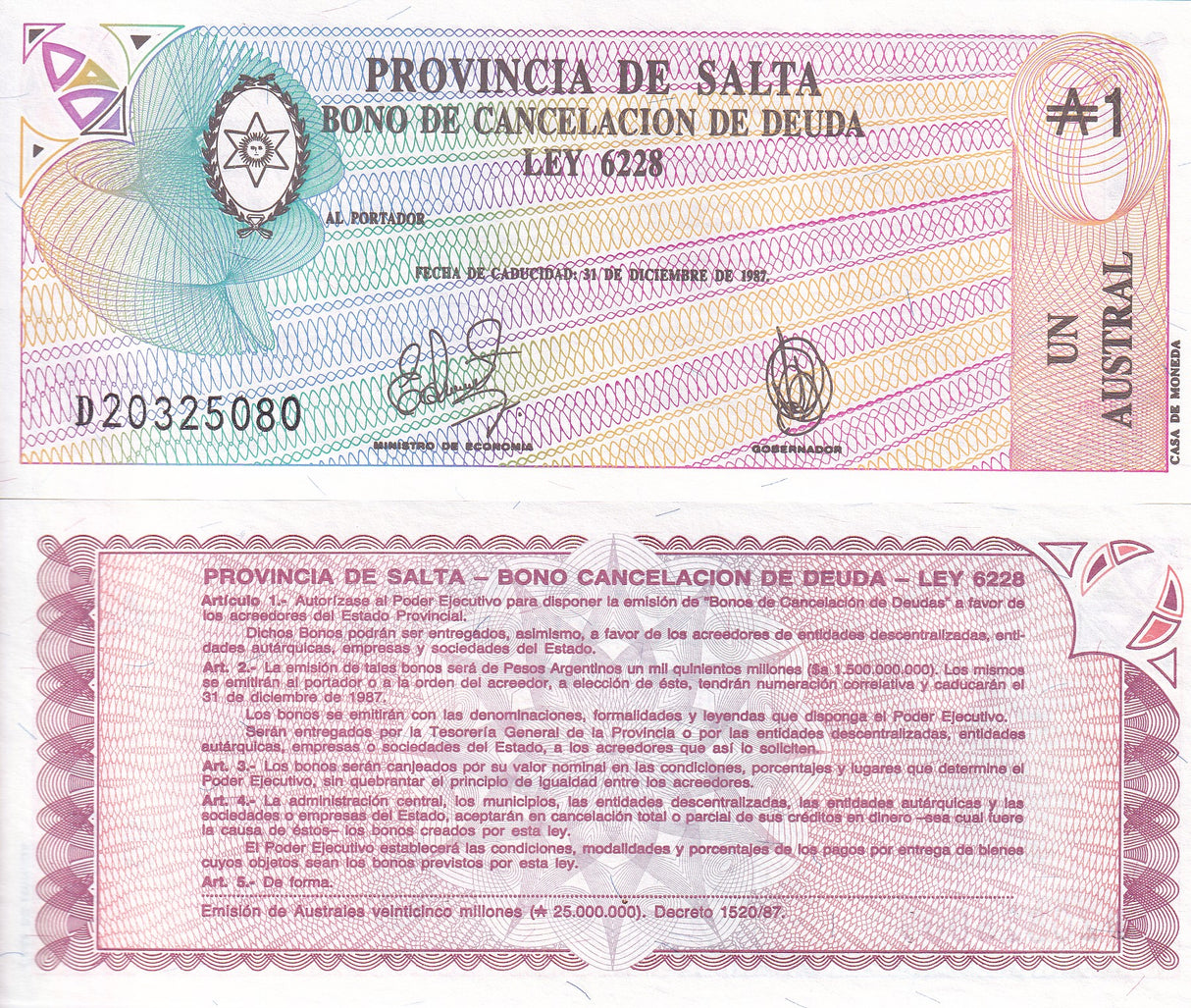 Argentina 1 Austral 1987 P S2612e UNC