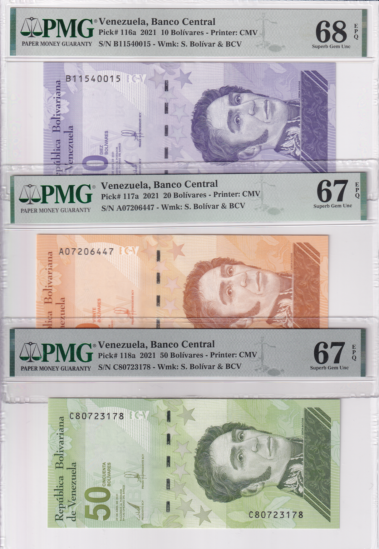 Venezuela Set 3; 10 20 50 Bolivares 2021 P 116- 118 Superb Gem UNC PMG 67 68 EPQ