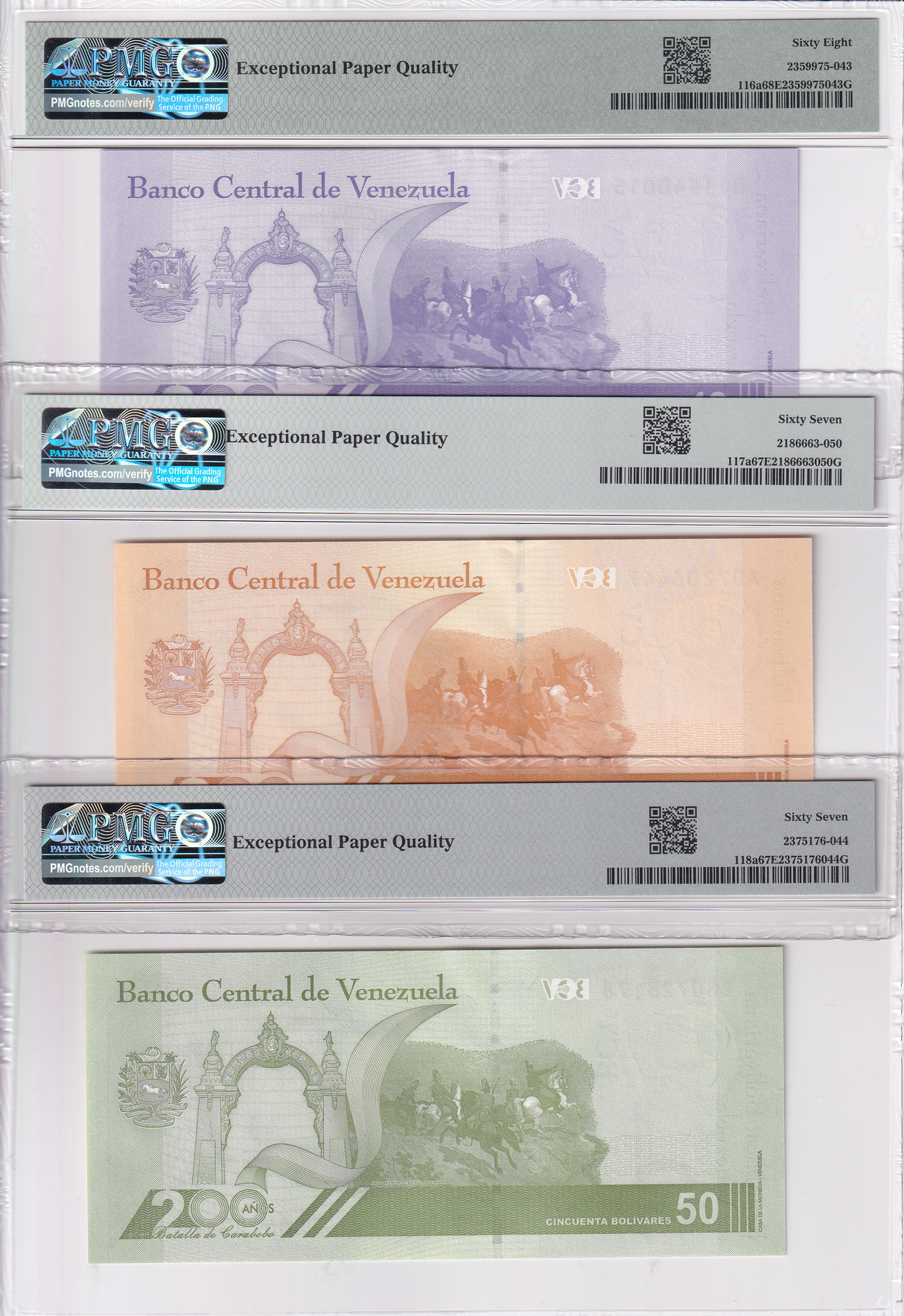 Venezuela Set 3; 10 20 50 Bolivares 2021 P 116- 118 Superb Gem UNC PMG 67 68 EPQ