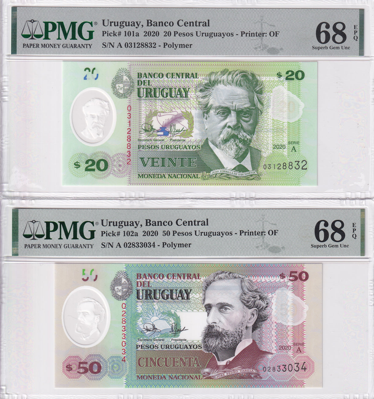 Uruguay Set 2; 20 50 Pesos 2020 P 101 P 102 Superb Gem UNC PMG 68 EPQ