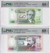 Uruguay Set 2; 20 50 Pesos 2020 P 101 P 102 Superb Gem UNC PMG 68 EPQ