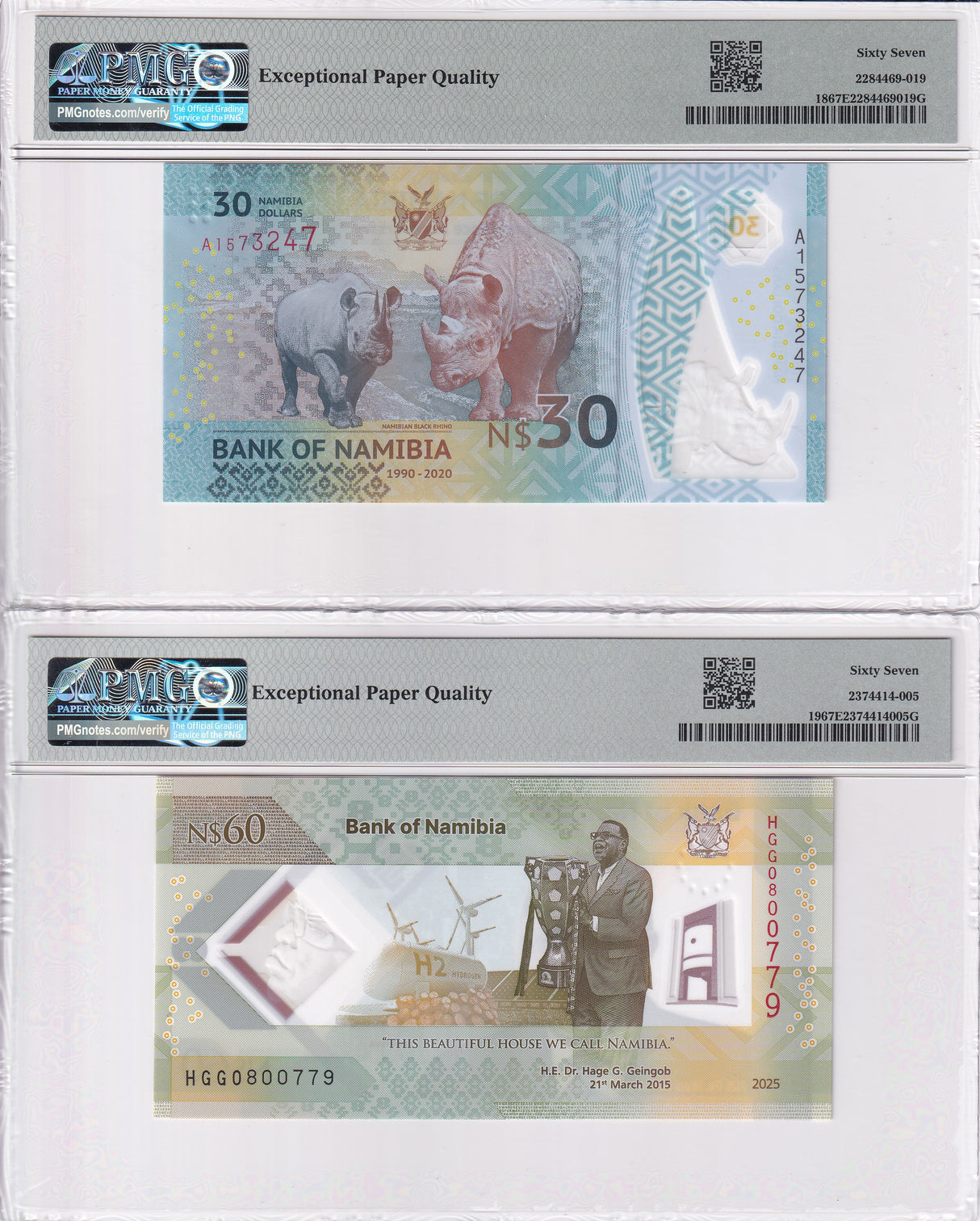 Namibia Set 2; 30 60 Dollars Comm. 2020 2025 P 18 P 19 Superb Gem UNC PMG 67 EPQ
