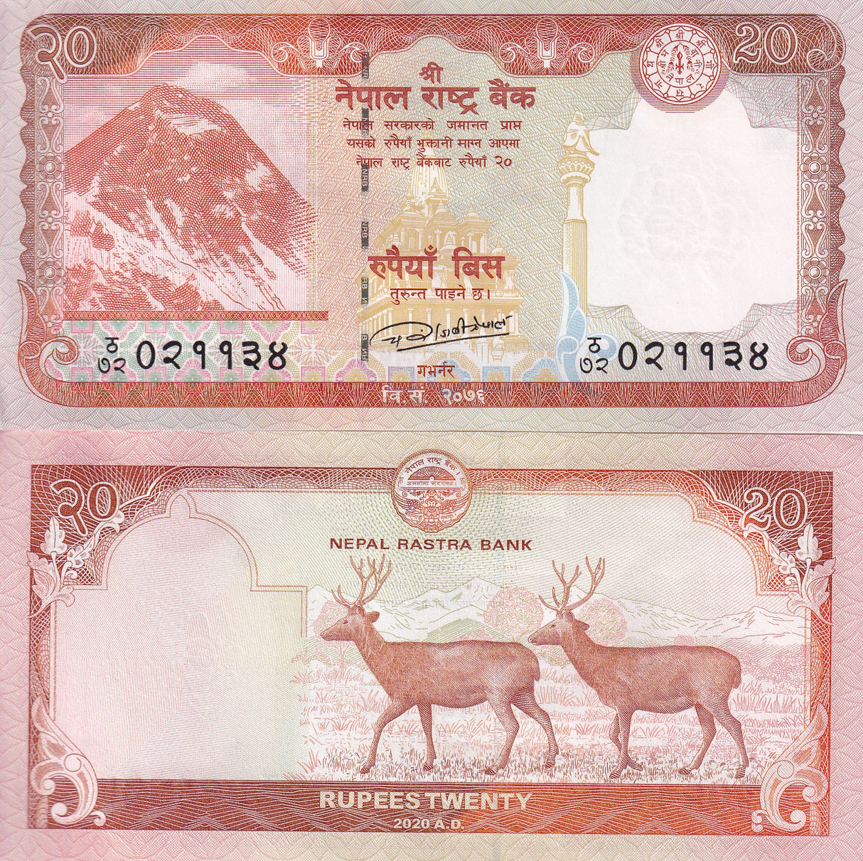 Nepal 20 Rupees 2020 P 78 b Sambar Deers UNC