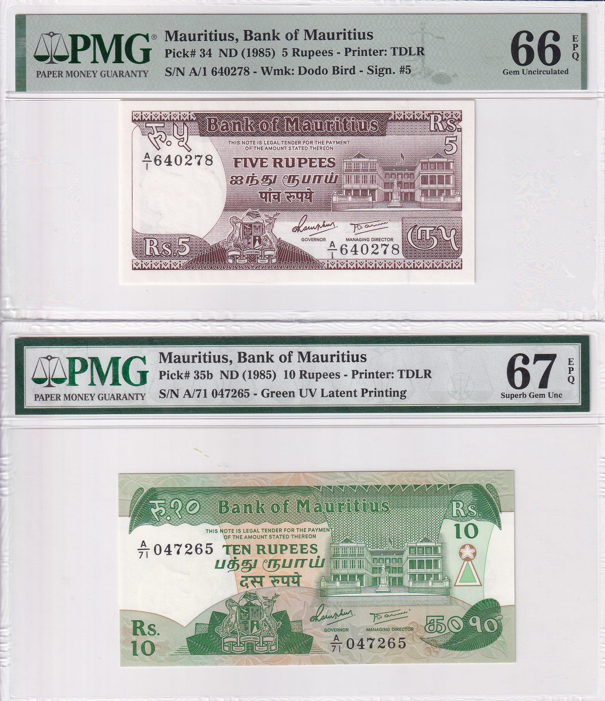 Mauritius Set 2; 5 10 Rupees ND 1985 P 34 P 35 b Superb Gem UNC PMG 66 67 EPQ