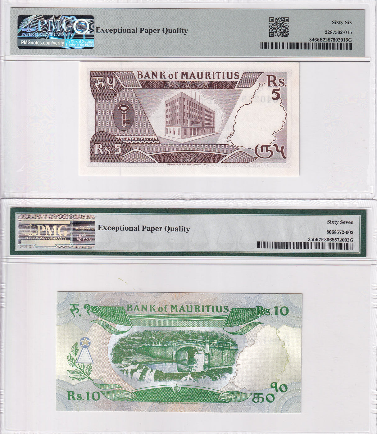 Mauritius Set 2; 5 10 Rupees ND 1985 P 34 P 35 b Superb Gem UNC PMG 66 67 EPQ