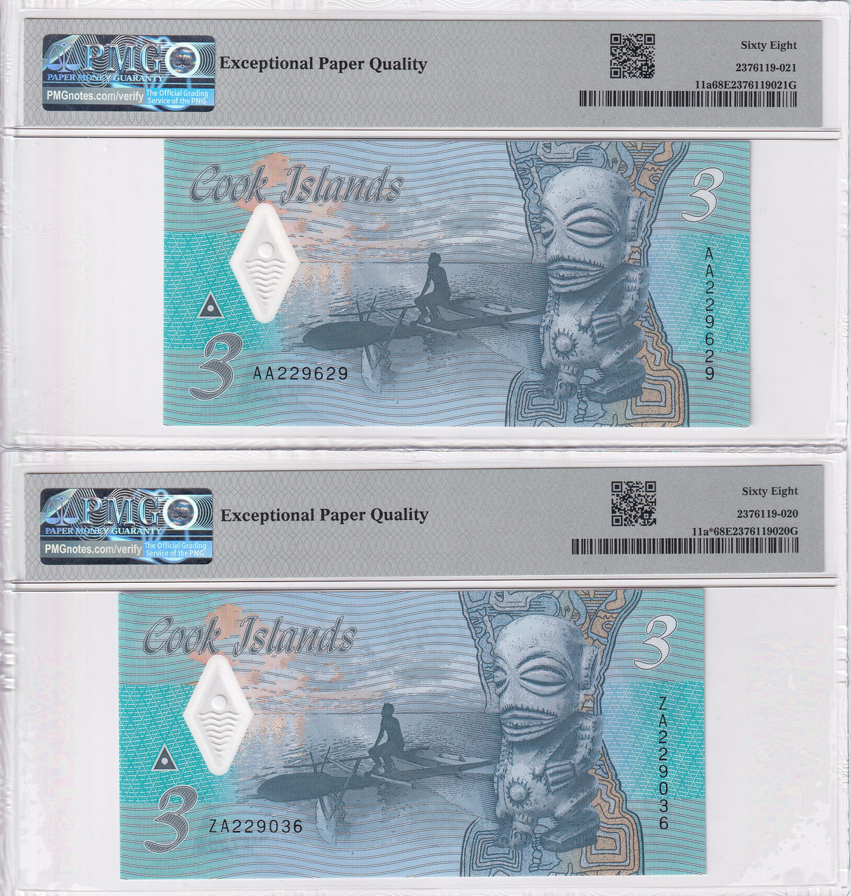 Cook Islands Set 2; 3 Dollars 2021 P 11a P 11a* Superb Gem UNC PMG 68 EPQ