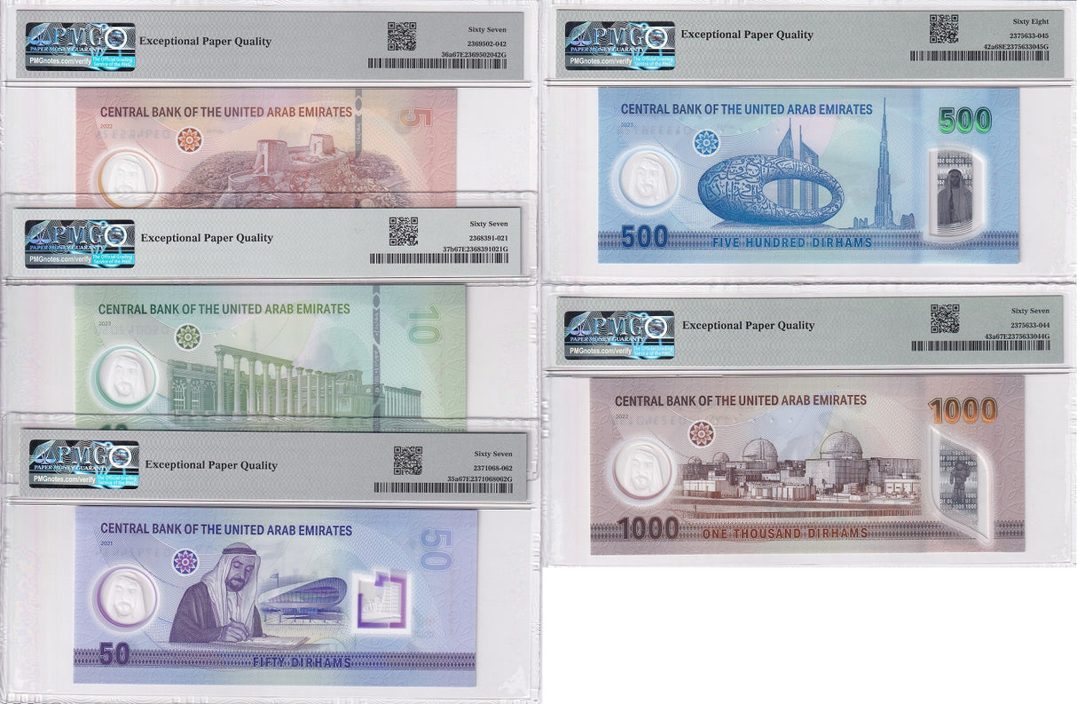 UAE Set; 5 10 50 -1000 Dirham 2021-23 P35-37 P42 43 Superb Gem UNC PMG 67 68 EPQ