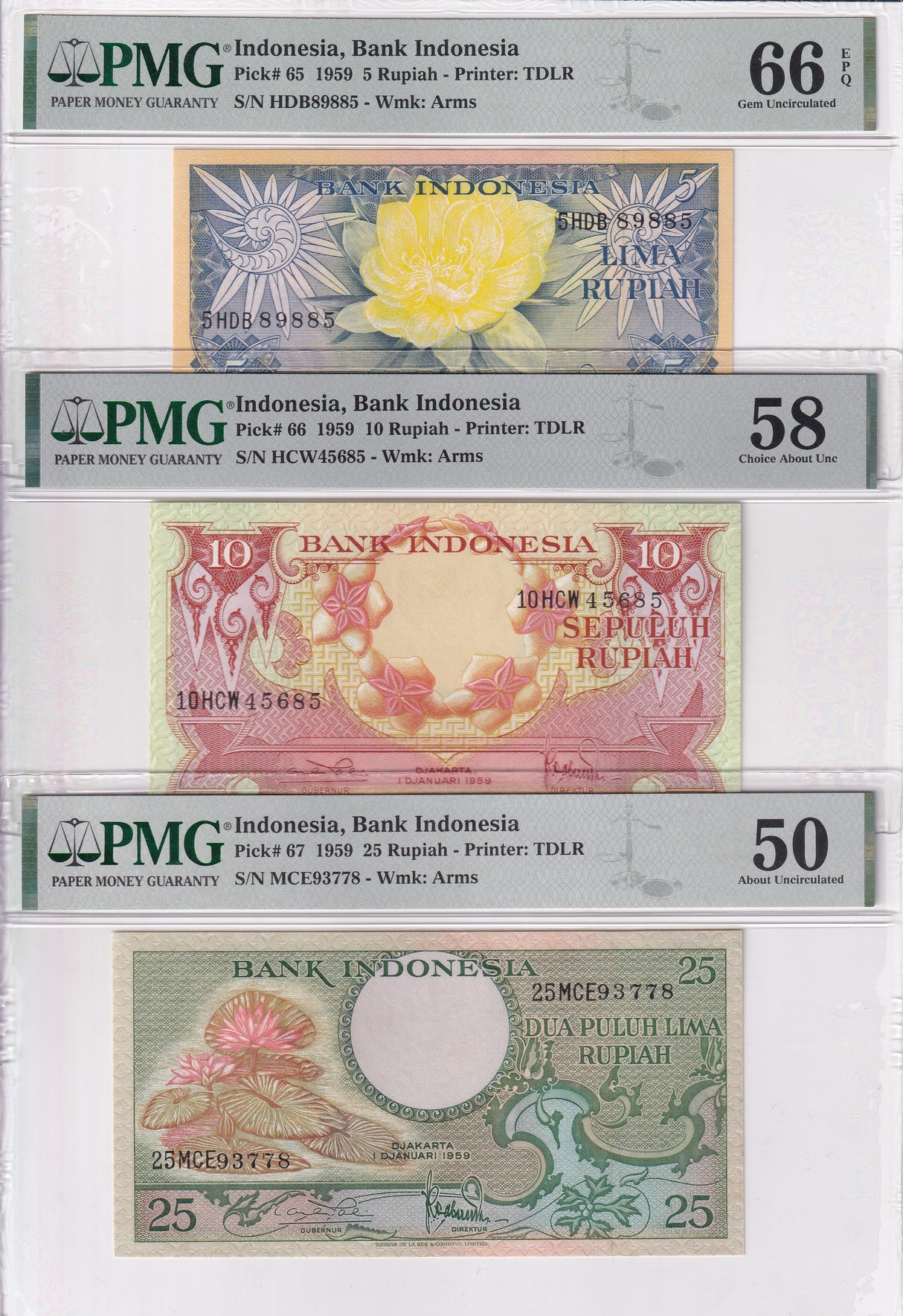 Indonesia Set 3; 5 10 25 Rupiah 1959 P 65 66 67 Choice UNC PMG 50 58 66