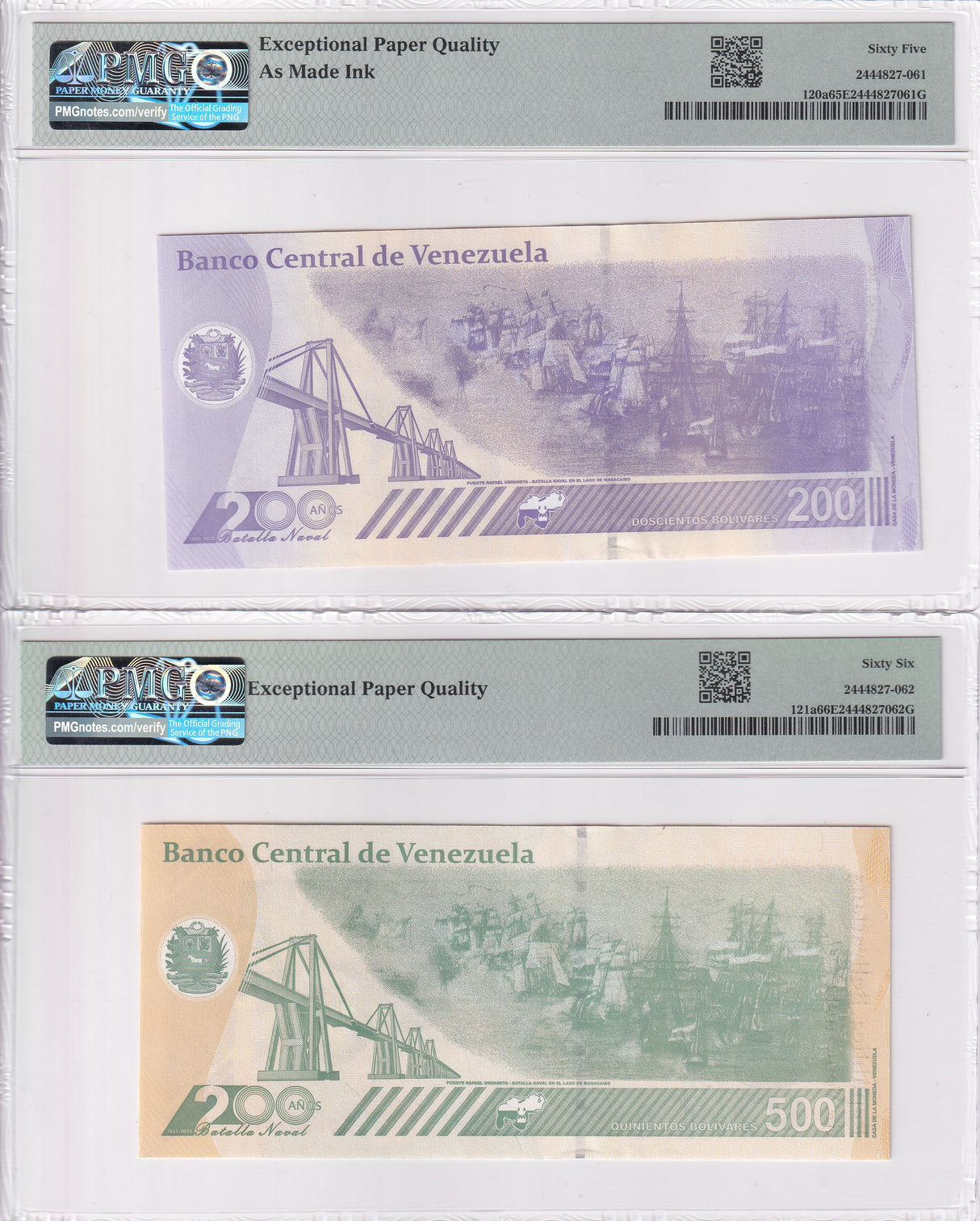 Venezuela Set 2, 200 500 Bolivares Digitales 2023 P120-121 Gem UNC PMG 65 66 EPQ