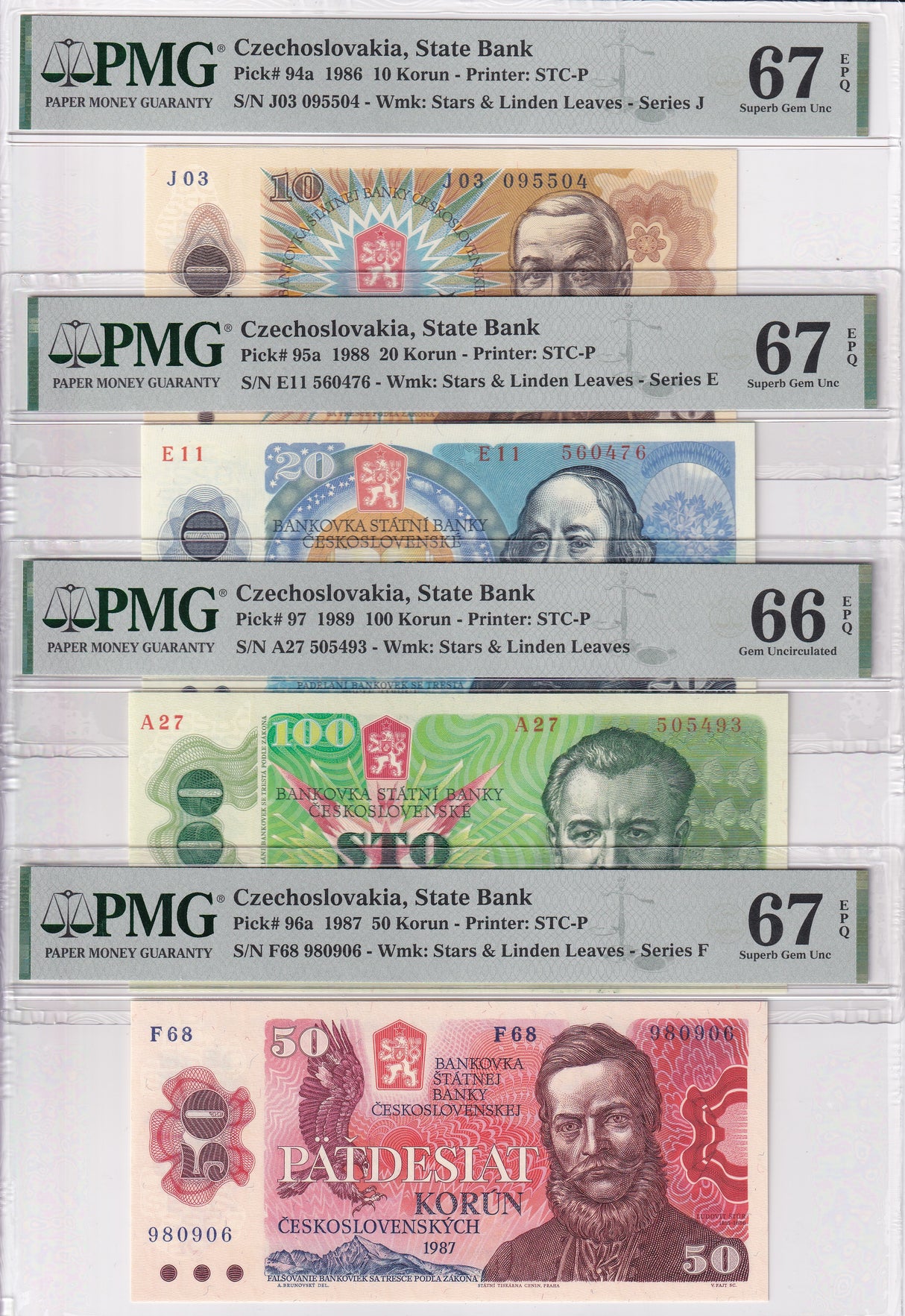 Czechoslovakia SET,10-50 100 Korun 1986-89 P 94 -96 P 97 Gem UNC PMG 66 67 EPQ