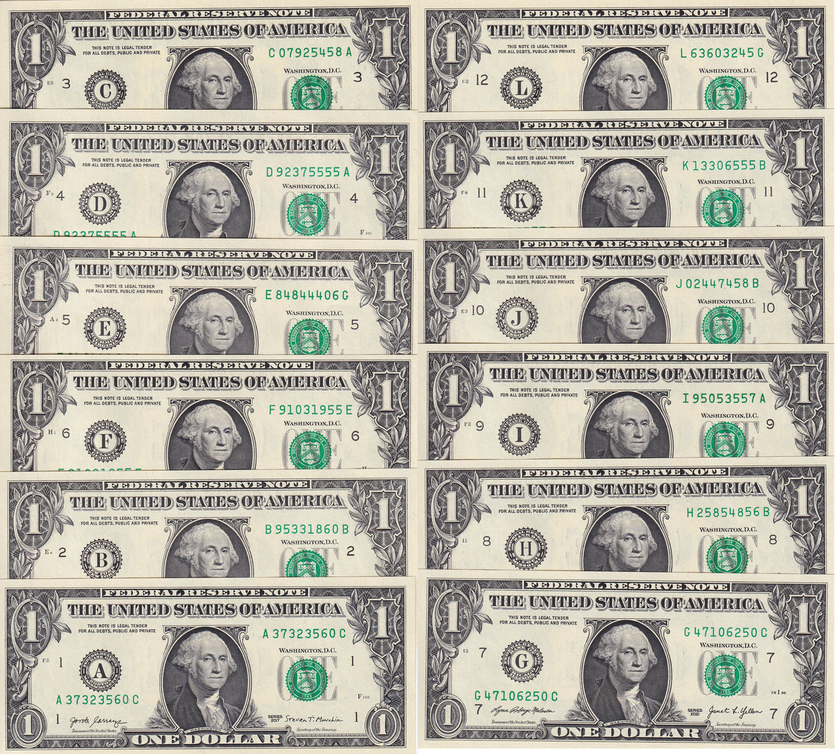 United States FULL SET 12 UNC 1 Dollar USA FRN A B C D E F G H I J K L 2006-2021