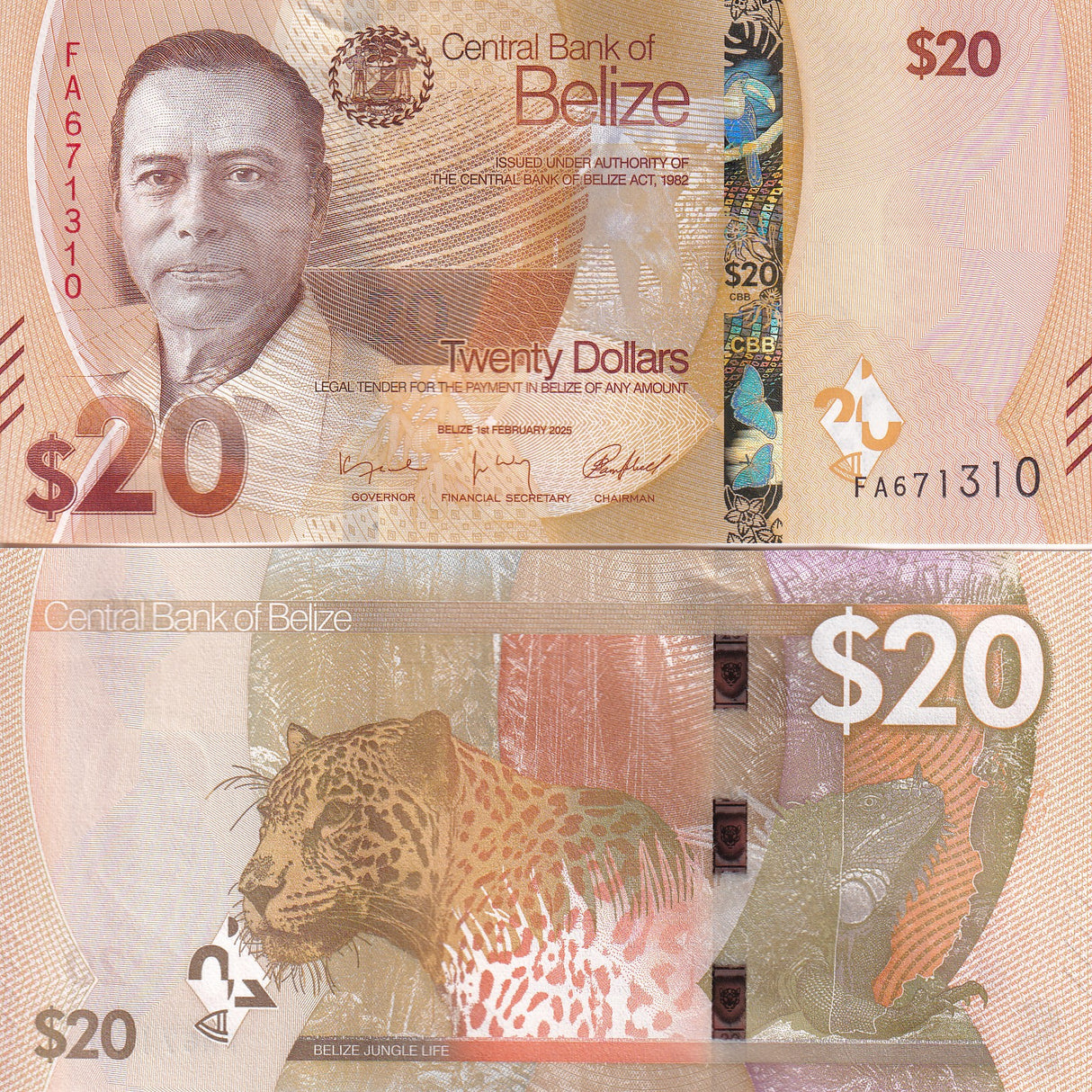 Belize 20 Dollars 2025 P 76 NEW Design iguana Jaguar UNC