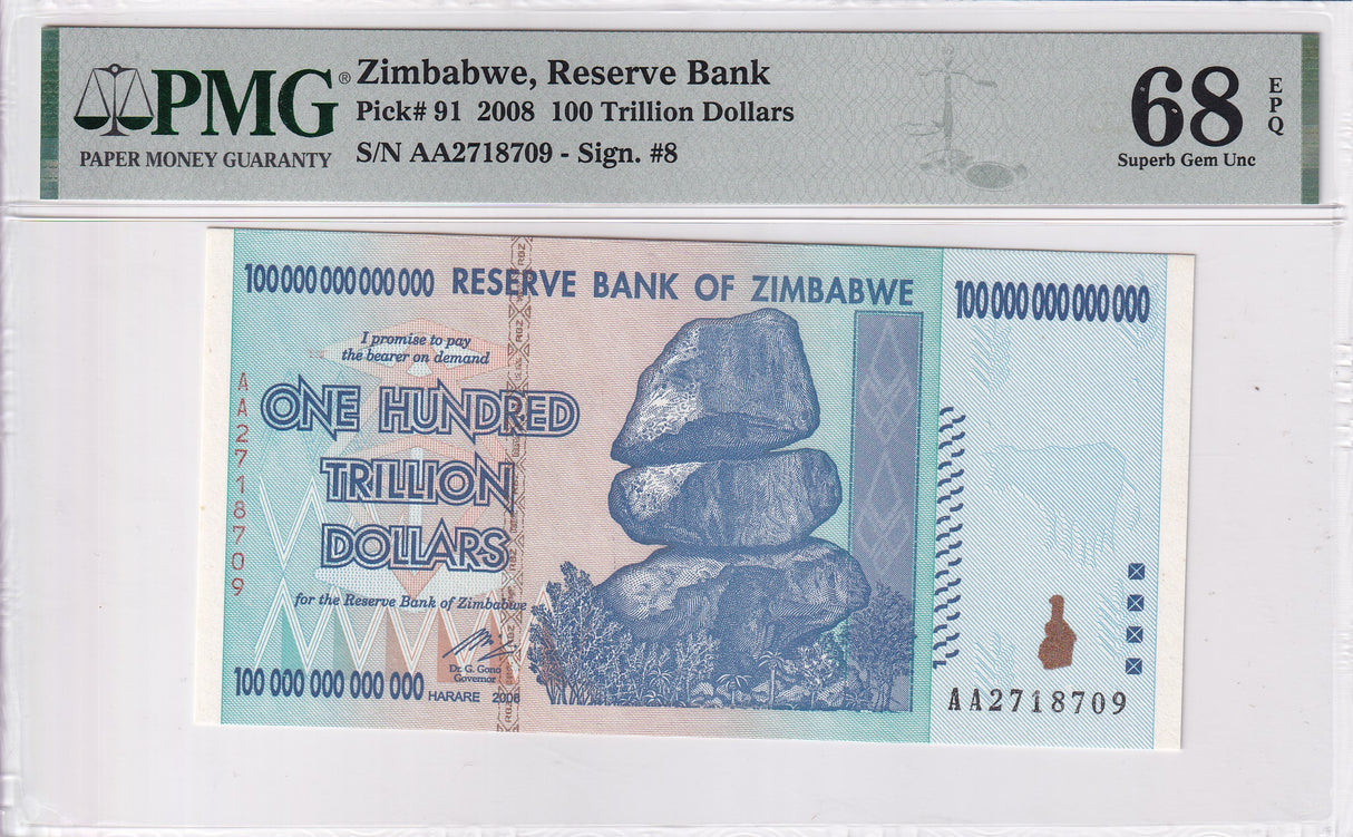 Zimbabwe 100 Trillion Dollars 2008 P 91 Superb Gem UNC PMG 68 EPQ