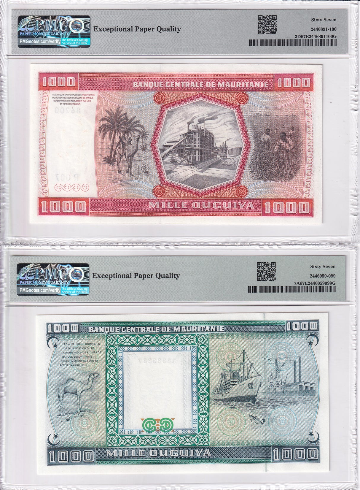 Mauritania SET 2;1000 Ouguiya 1981 1989 P 3D P 7A Superb Gem UNC PMG 67 EPQ